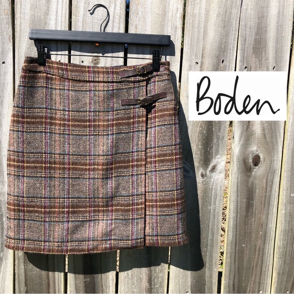 Boden Dresses & Skirts - Boden Wool Tweed Plaid Skirt Tartan Wrap 6 Small Mini Buckle Brown Pink Moon
